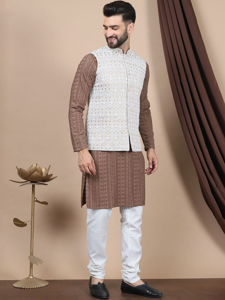 Anouk Brown Floral Embroidered Straight Thread Work Pure Cotton Kurta with Churidar