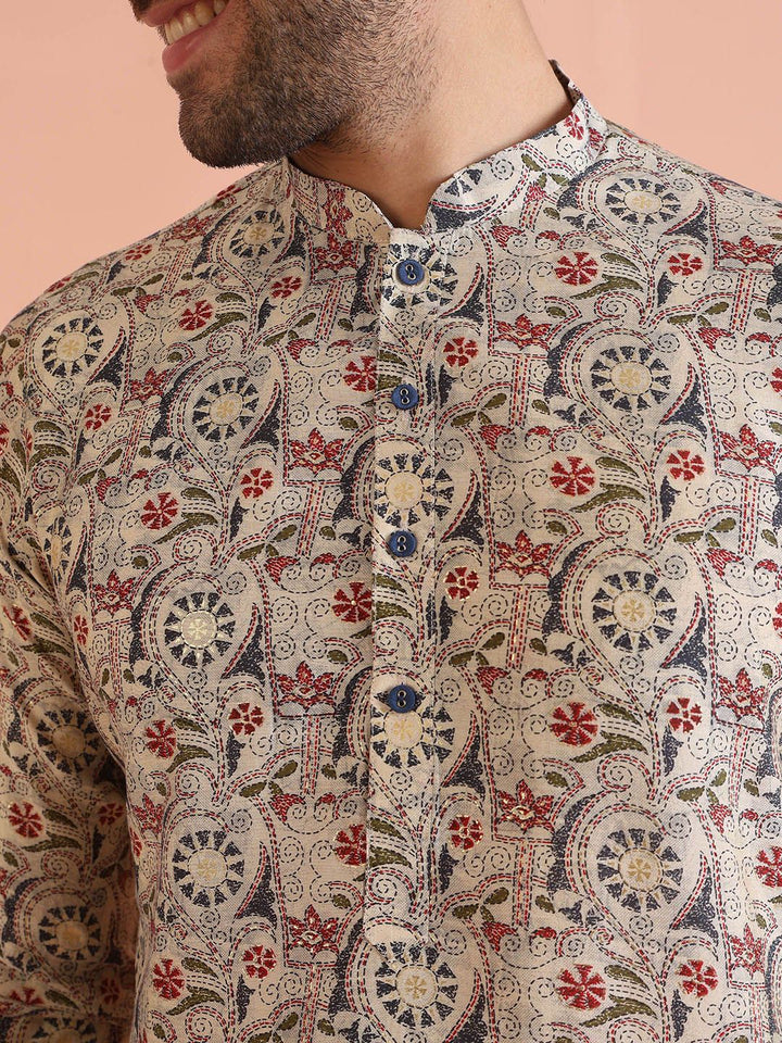 KISAH Floral Embroidered Kantha Work Mandarin Collar Straight Kurta with Trousers