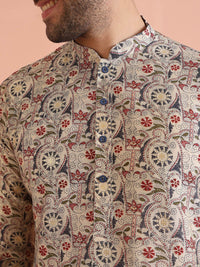 KISAH Floral Embroidered Kantha Work Mandarin Collar Straight Kurta with Trousers