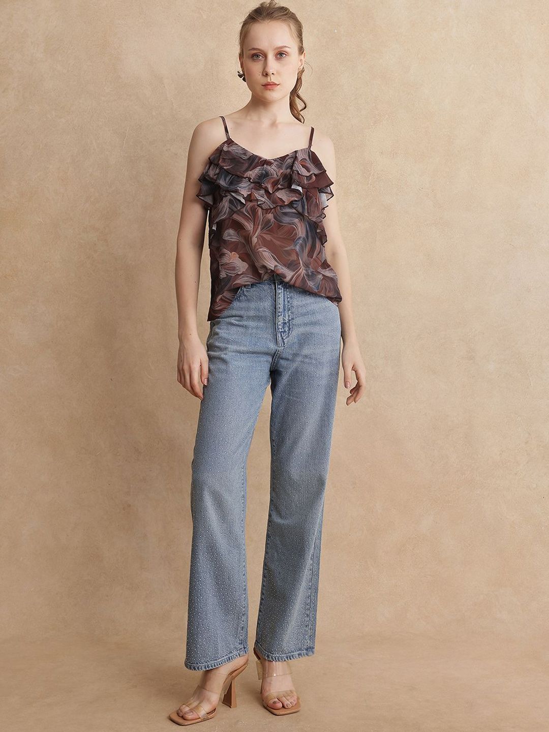 RAREISM Women Abstract Printed Ruffle Details Top