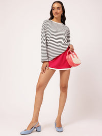 DressBerry Monochrome Whimsy Drop-Shoulder Sleeves Striped T-shirt