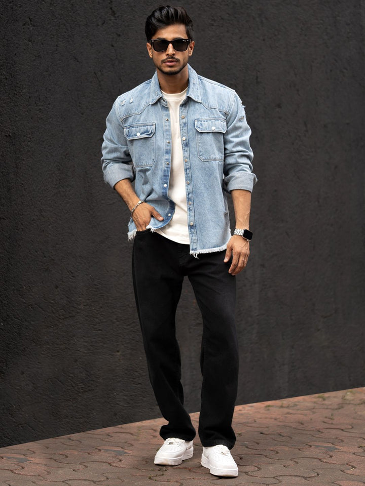 Powerlook Men Spread Collar Faded Cotton Casual Shirt