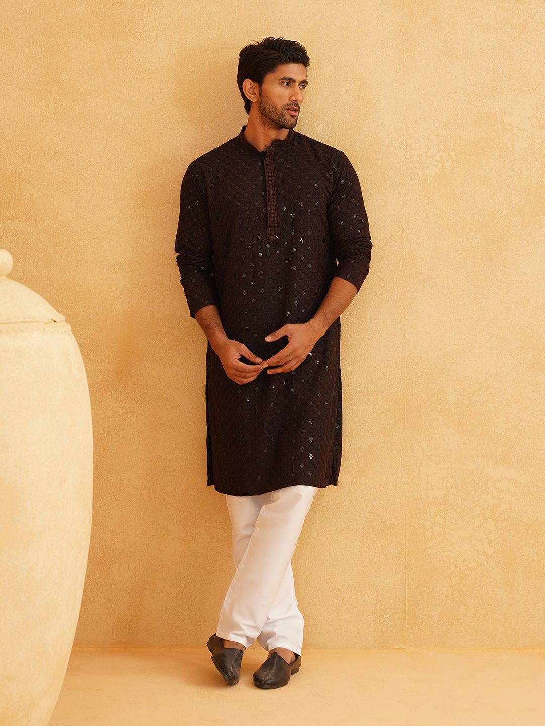 SOJANYA Motif Etnik Bersulam Kolar Mandarin Labuci Kapas Tulen Kurta Lurus
