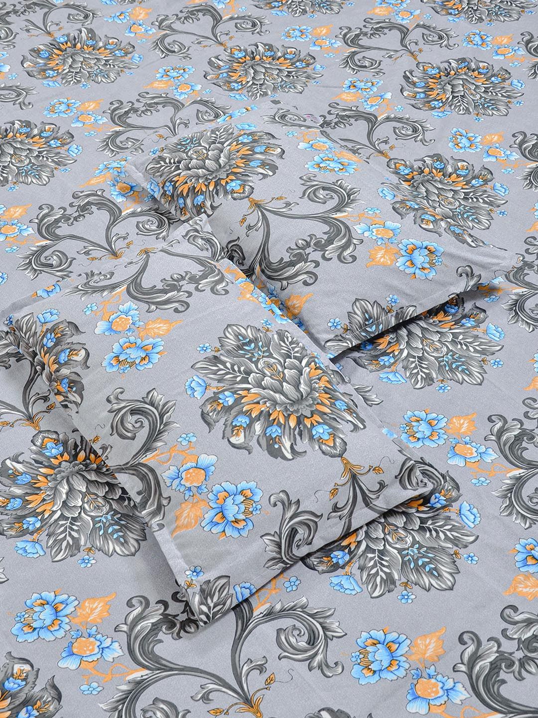 KLOTTHE Grey & Blue Floral Printed Fitted 400 TC King Bedsheet With 2 Pillow Cover