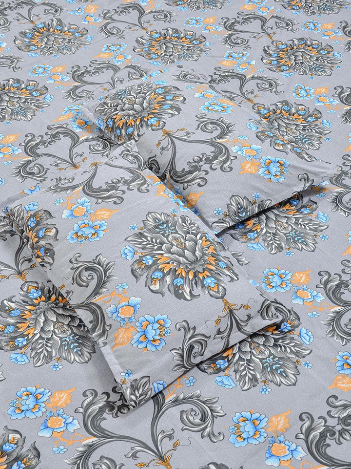 KLOTTHE Grey & Blue Floral Printed Dilengkapi 400 TC King Bedsheet Dengan 2 Sarung Bantal