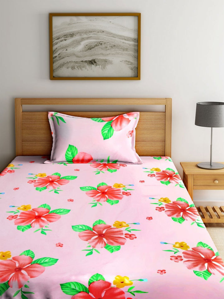 Myntra Elegant Homes Pink Floral Cotton 300 TC Single Cadar Halus dengan Sarung Bantal-220 x 150 cm