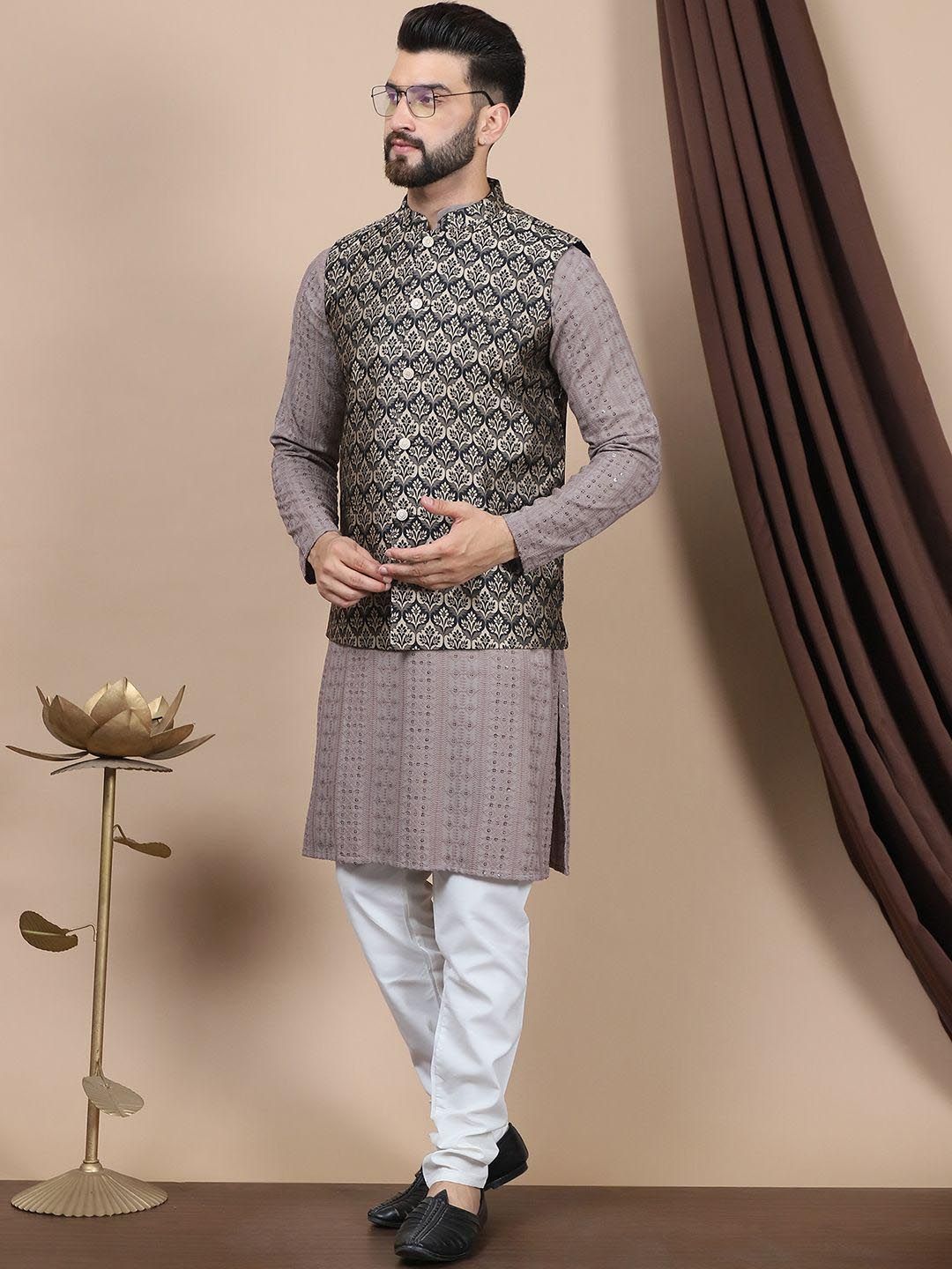 Kurta Lurus Kapas Tulen Sulam Bunga Anouk Dengan Jaket Churidar & Nehru