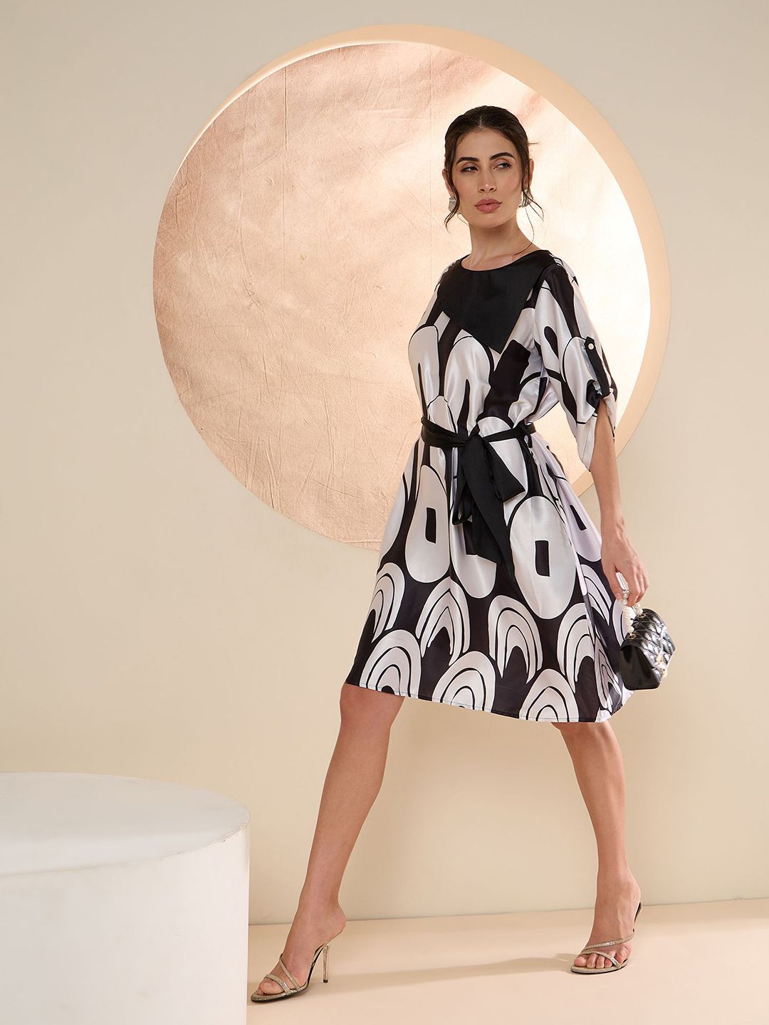 Antheaa Print Layered Satin Fit & Flare Dress