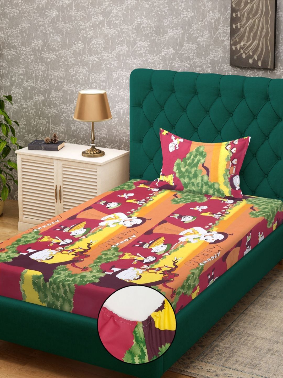 KLOTTHE Kids Red & White Printed Pure Cotton 400TC Fitted Set Cadar Bujang 2.25m x 1.5m
