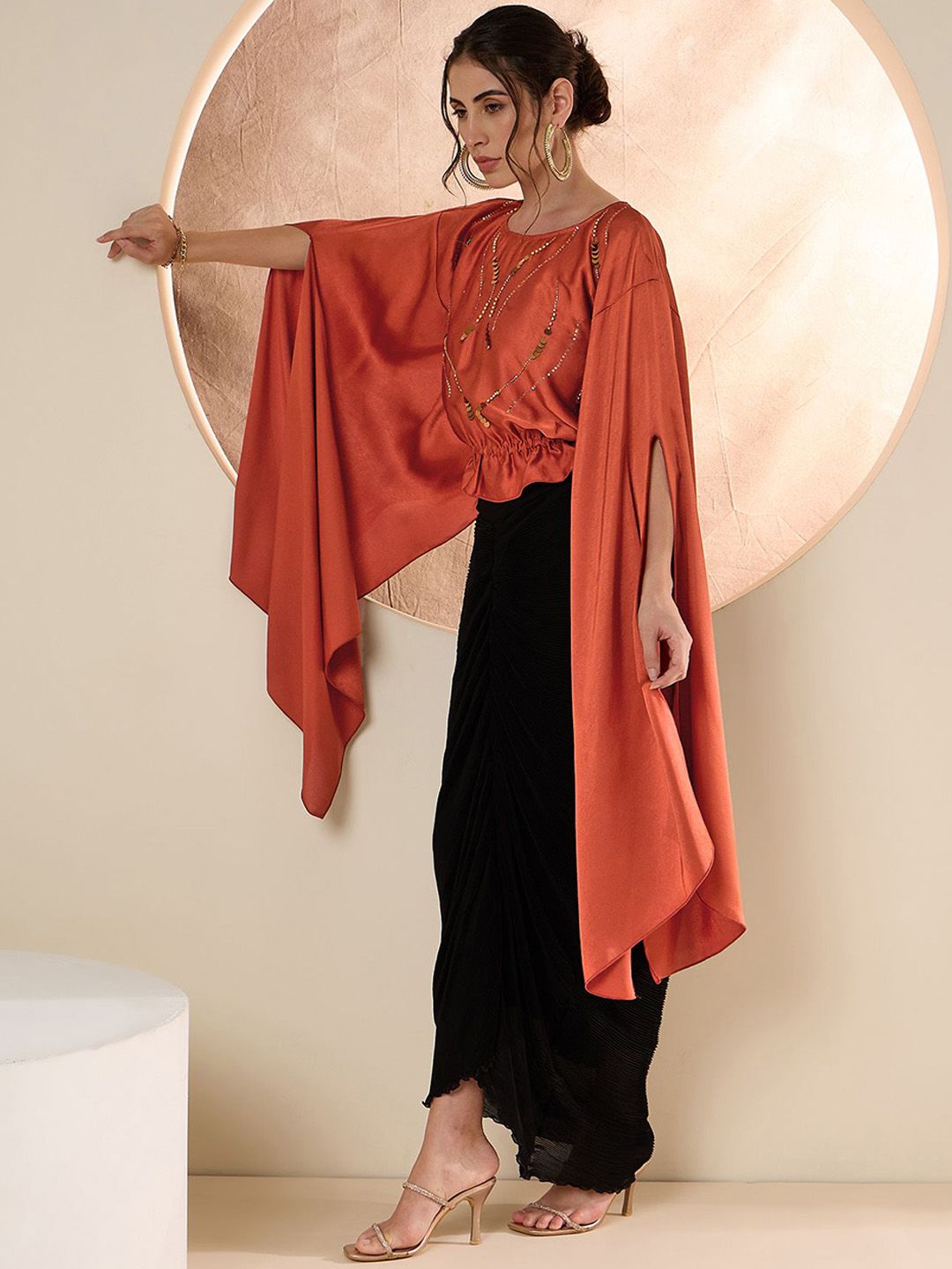 Antheaa Rust Embellished Top With Skirt