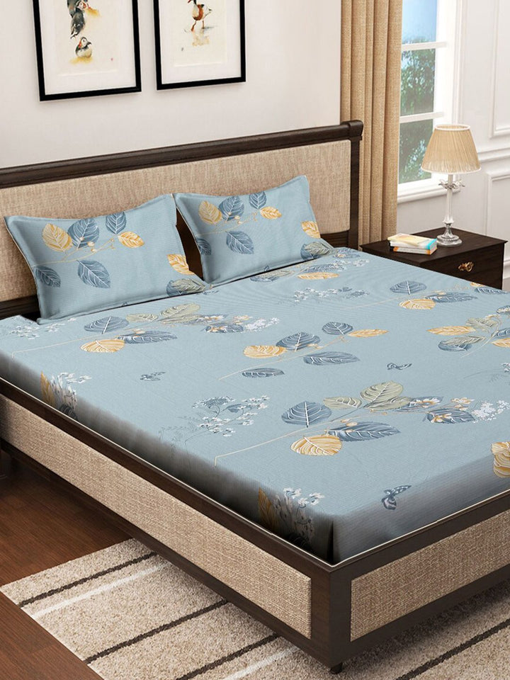 KLOTTHE Blue Leaf Pure Cotton 400 TC Dilengkapi Cadar dengan 2 Sarung Bantal-98 x 89 inci