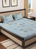 KLOTTHE Blue Leaf Pure Cotton 400 TC Dilengkapi Cadar dengan 2 Sarung Bantal-98 x 89 inci