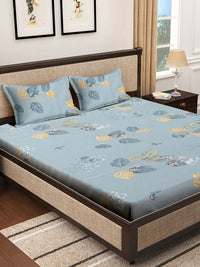 KLOTTHE Blue Leaf Pure Cotton 400 TC Dilengkapi Cadar dengan 2 Sarung Bantal-98 x 89 inci