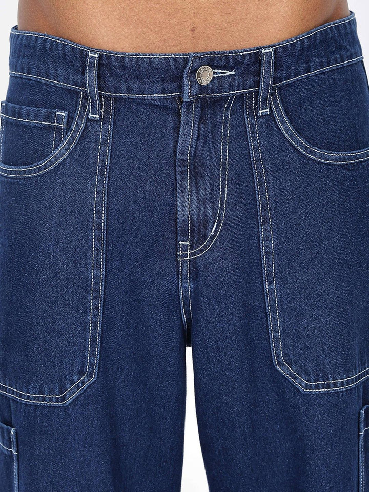 Eszett Lelaki Blue Baggy Fit Mid-Rise Gaya Kargo Jeans