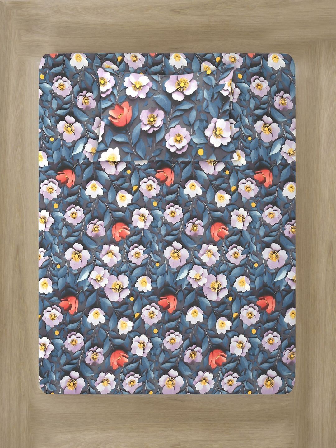 Myntra Elegant Navy Blue Floral 300 TC Single Cadar 7D dengan 1 Sarung Bantal
