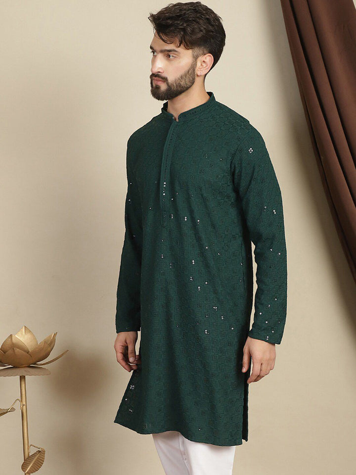 Anouk Green Geometric Sulam Kolar Mandarin Lengan Panjang Kurta Kapas Labuci