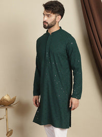 Anouk Green Geometric Sulam Kolar Mandarin Lengan Panjang Kurta Kapas Labuci
