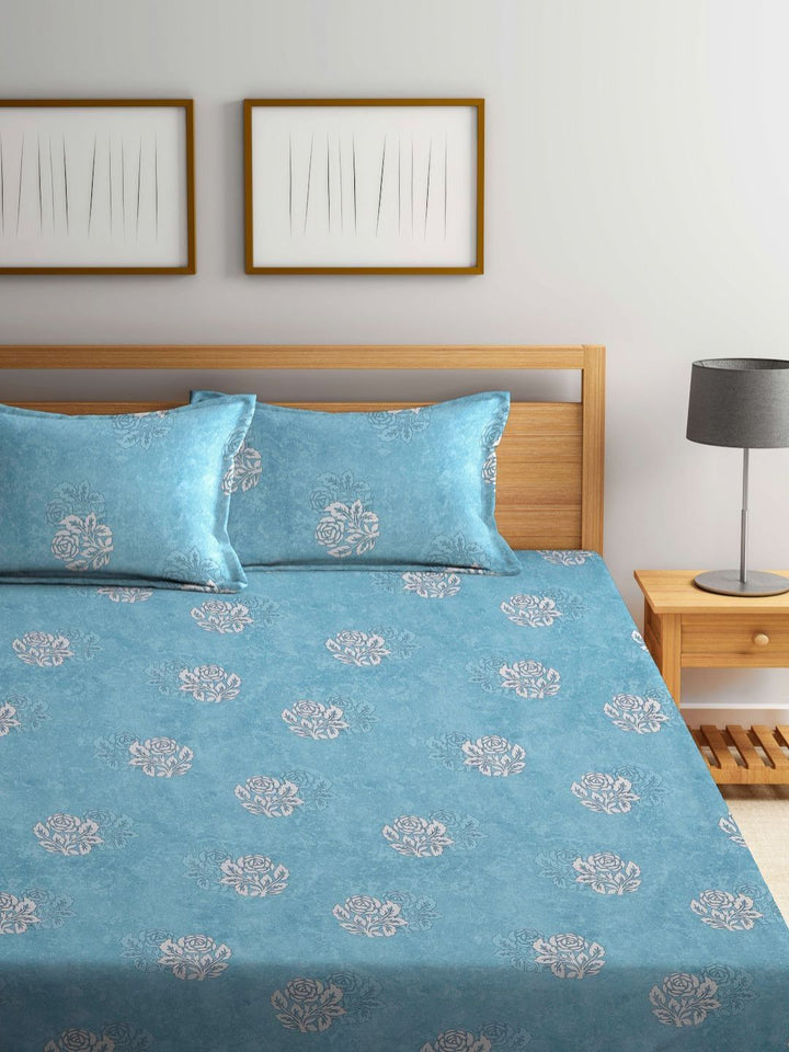 Myntra Elegant Homes Turquoise Blue Floral Pure Cotton 400 TC King Superfine Bedsheet dengan 2 Sarung Bantal-98 x 87 inci