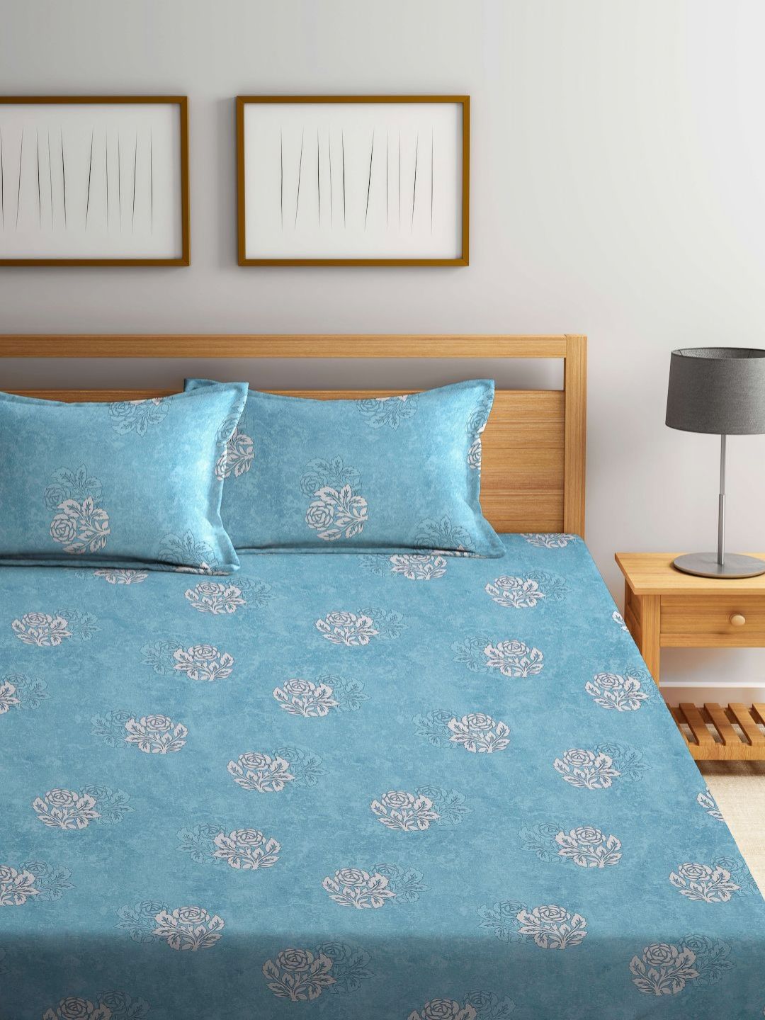 Myntra Elegant Homes Turquoise Blue Floral Pure Cotton 400 TC King Superfine Bedsheet dengan 2 Sarung Bantal-98 x 87 inci