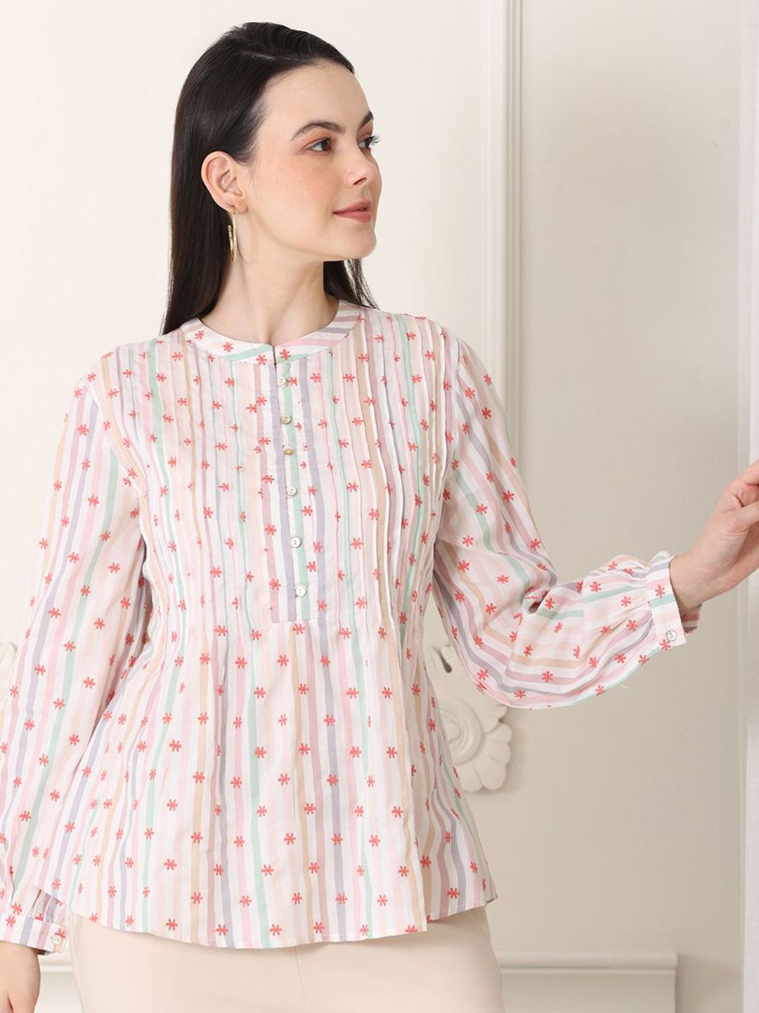 W Floral Print Puff Sleeve Cotton Top