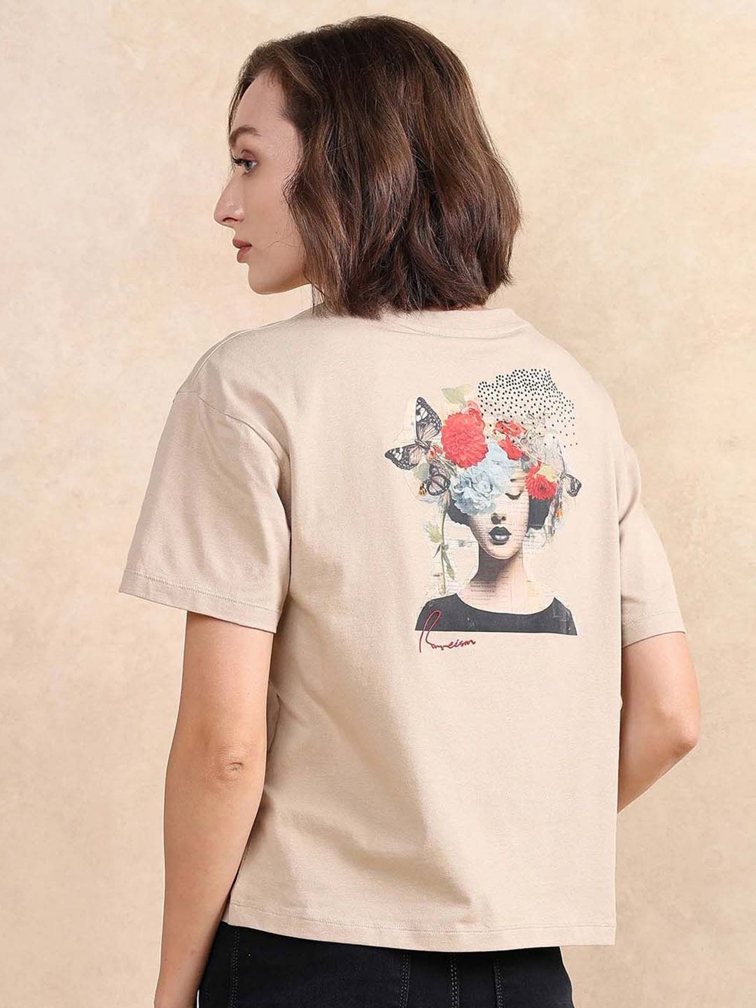Rareism Wanita Grafik Bercetak Kapas Leher Pusingan T-shirt Santai