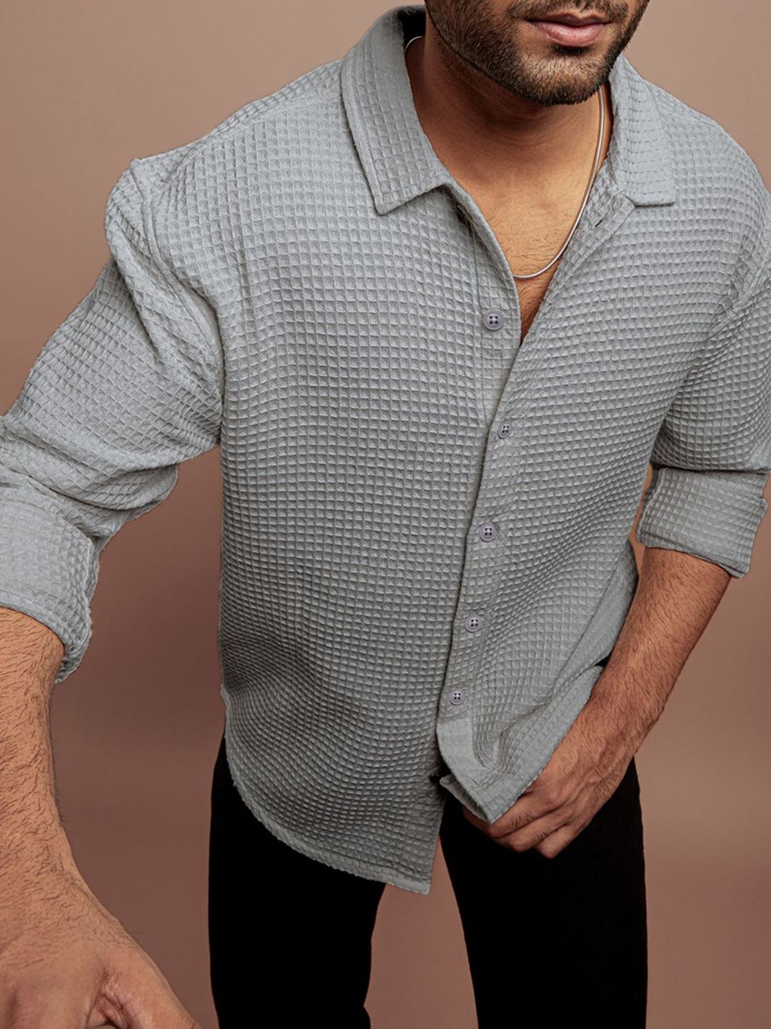 Powerlook Men Spread Collar Textured Solid Cotton Canvas Casual Shirt