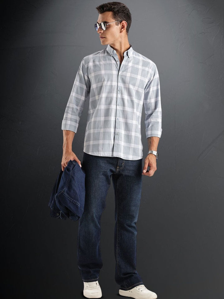 ADRO Tartan Checked Spread Collar Baju Kasual Kapas Lengan Panjang