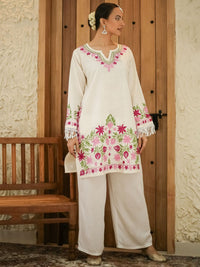 HOUSE OF KARI Falak Kashmiri Embroidered Flared Sleeves Thread Work Cotton Straight Kurta