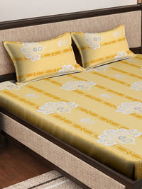 Myntra Elegant Homes Yellow Ethnic Motifs Cotton 400 TC Fitted King Bedsheet with 2 Pillow Covers-98 x 89 inches