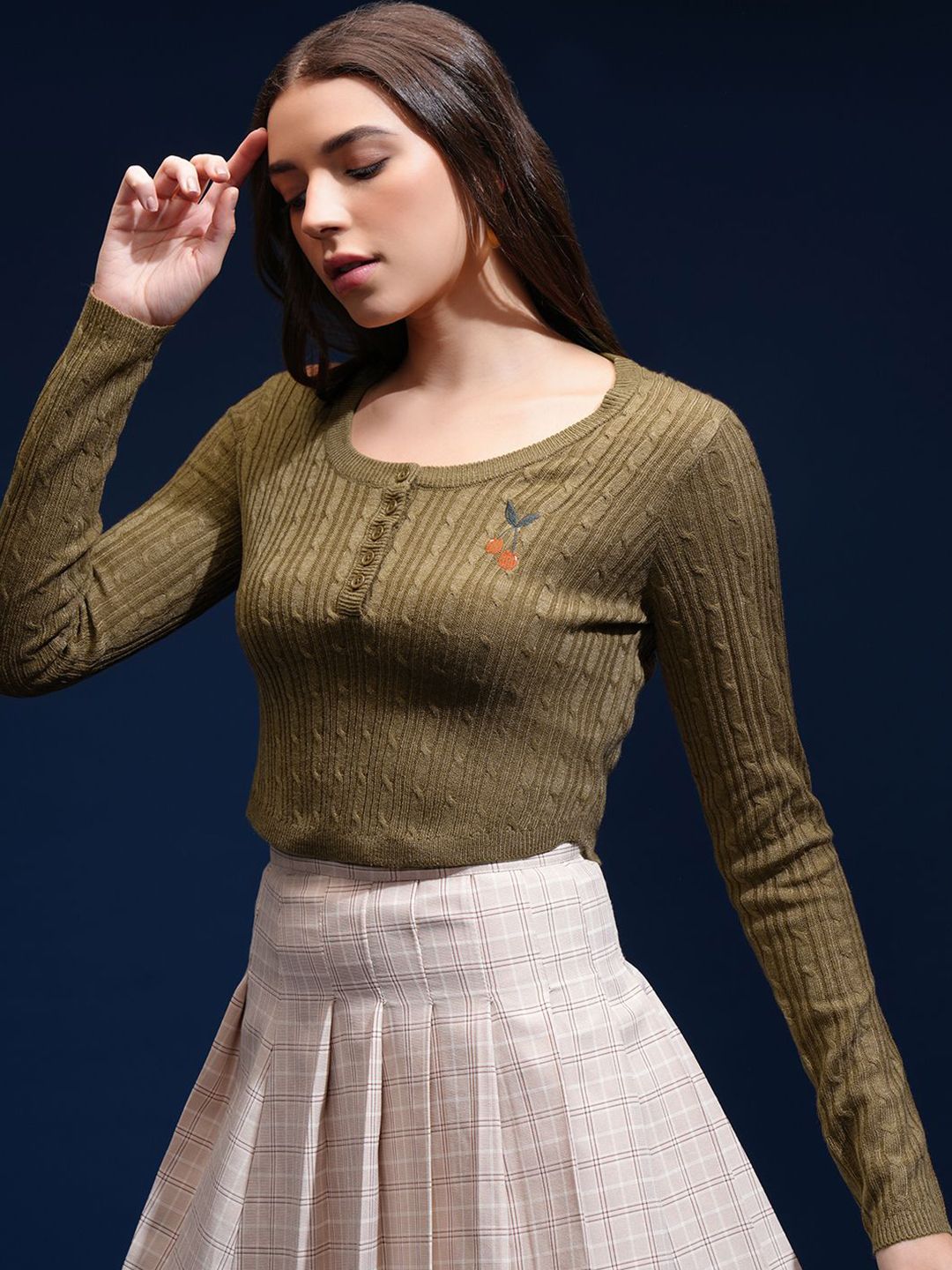 Tokyo Talkies Women Self Design Cable Knit Pullover