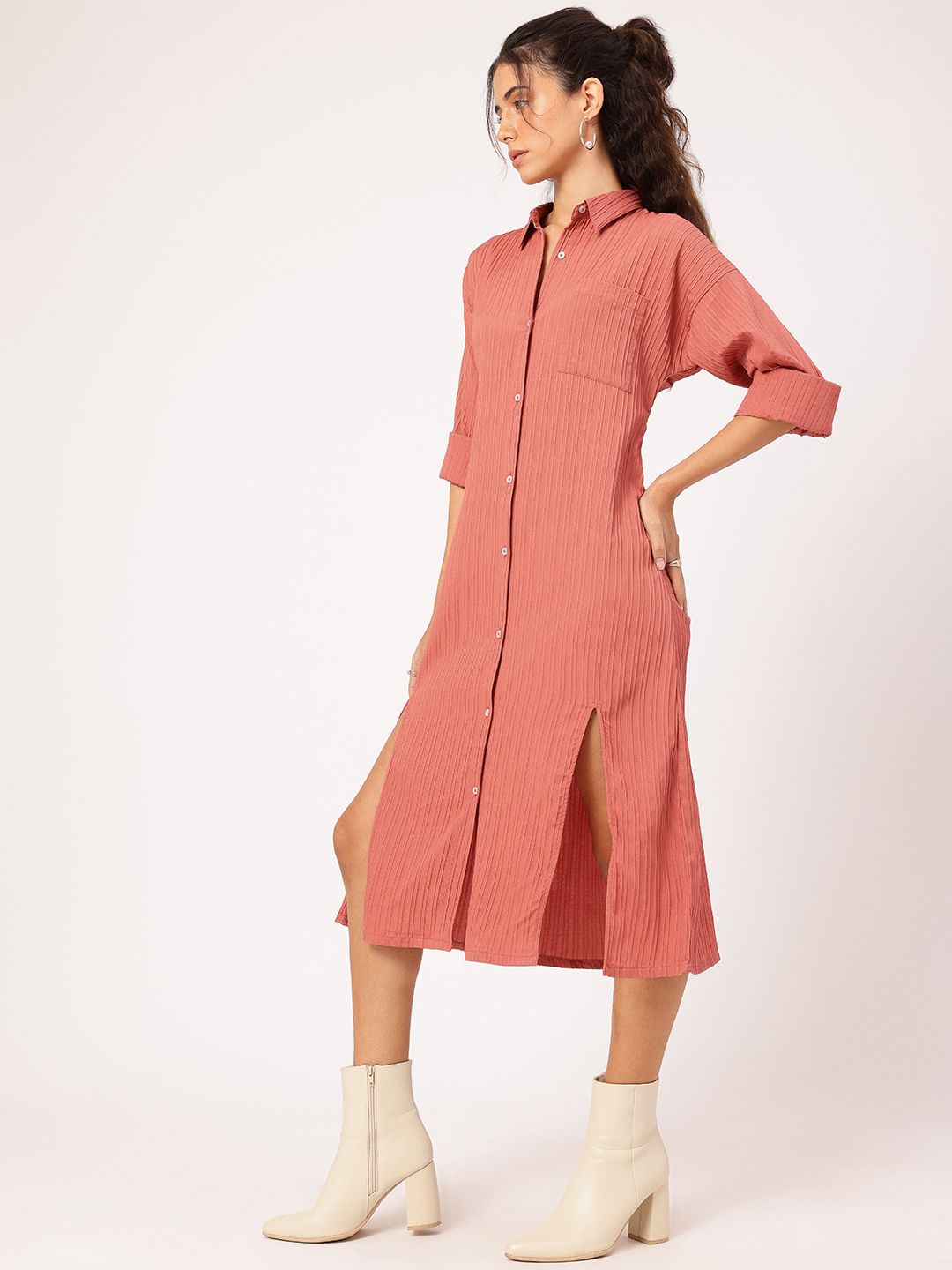 DressBerry Slit & Style Textured Midi Shirt Dress