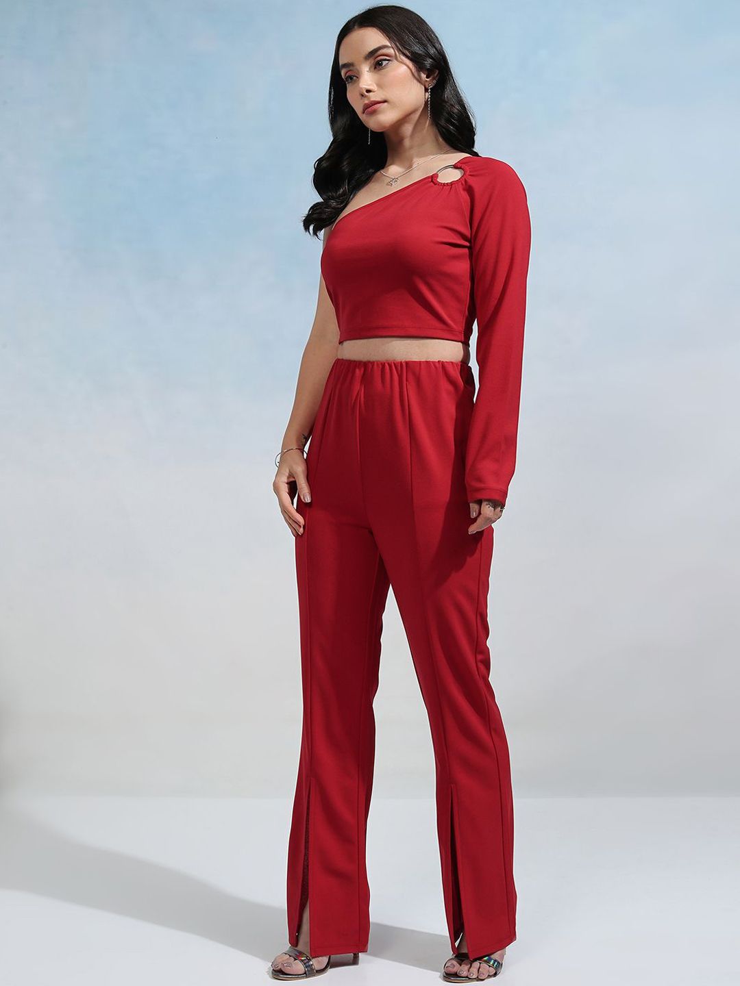 Tokyo Talkies Red One Shoulder Knitted Top With Trousers