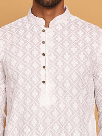 Jompers Floral Embroidered Mandarin Collar Chikankari Pure Cotton Kurta With Pyjama