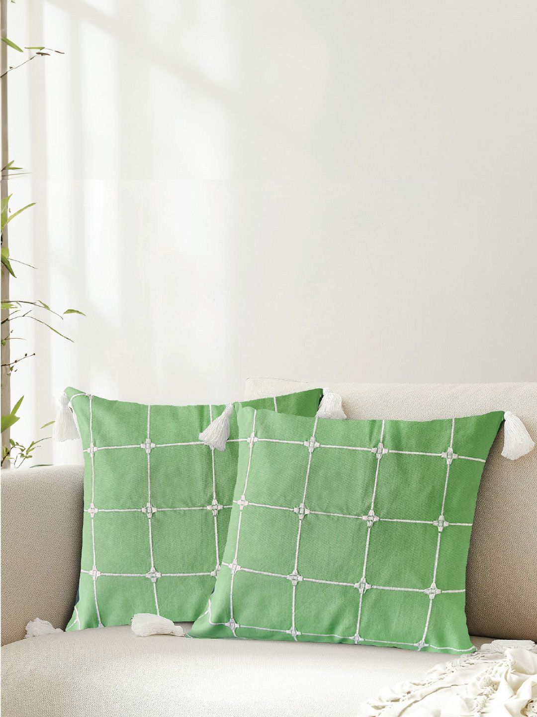 URBAN SPACE Green & White 2 Pieces Embroidered Square Cushion Covers