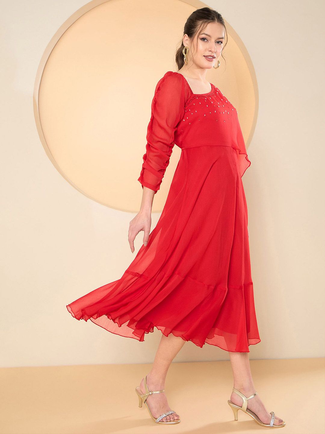 Antheaa Embellished Cape Sleeve Chiffon Fit & Flare Midi Dress