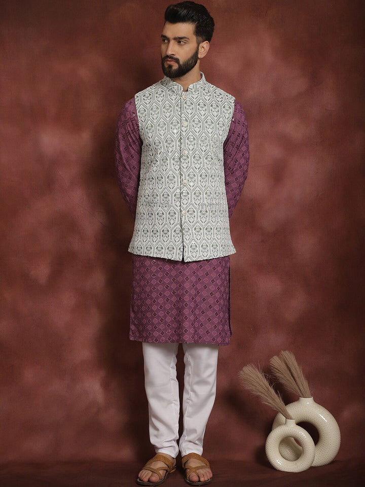 Anouk Thread Work Embroidered Regular Kurta with Churidar & Nehru jacket