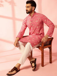 Anouk Floral Printed Band Collar Cotton Linen Straight Kurta
