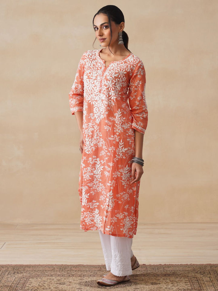 Rumah Wanita Chikankari Kurta Bersulam Mulmul Chikankari Jingga