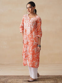 Rumah Wanita Chikankari Kurta Bersulam Mulmul Chikankari Jingga