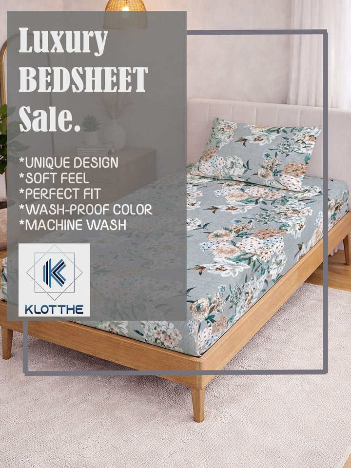 KLOTTHE Grey Floral Printed 300 TC Single Bedsheets