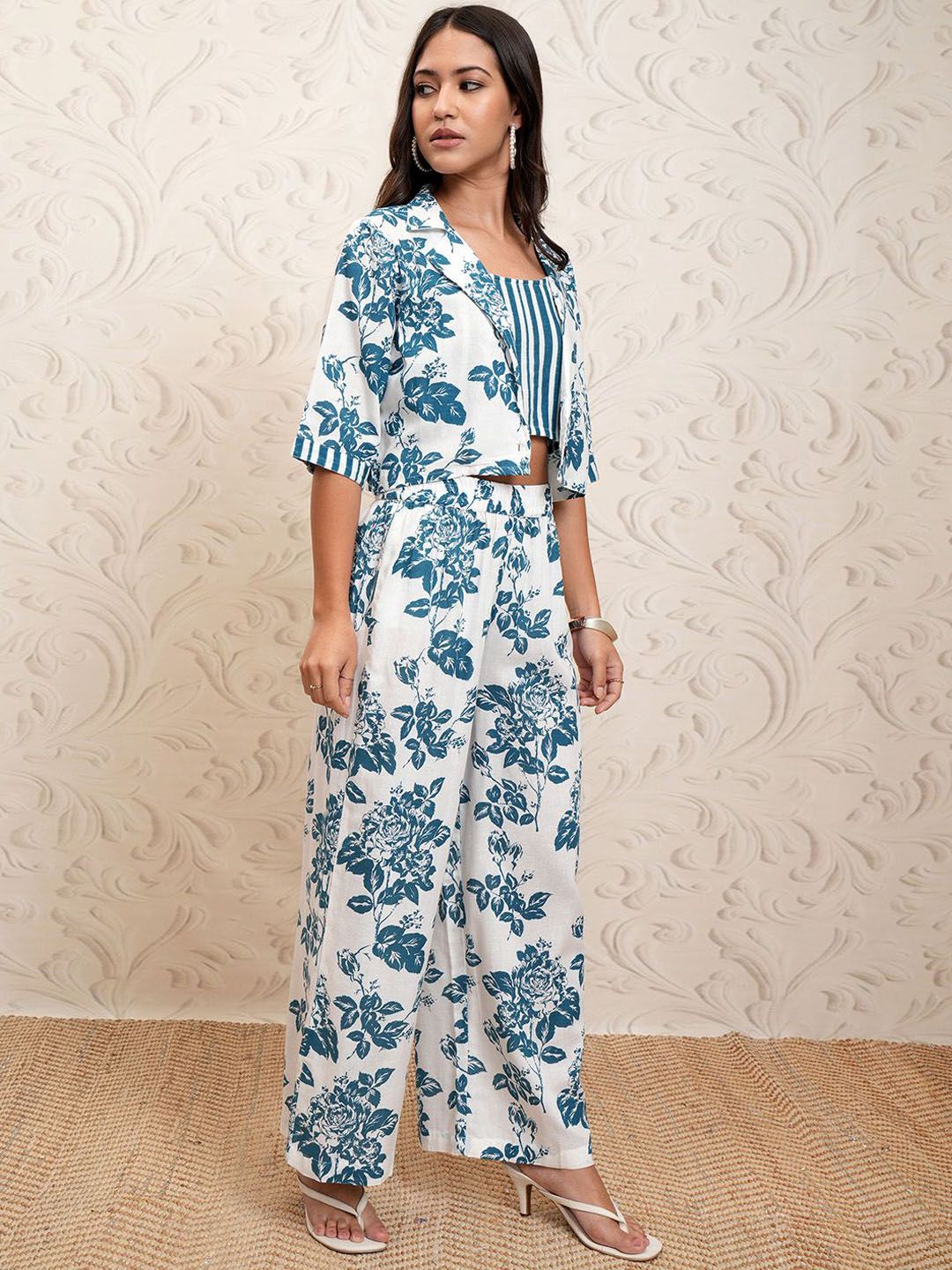 Vishudh Floral Printed Top & Trouser With Jacket