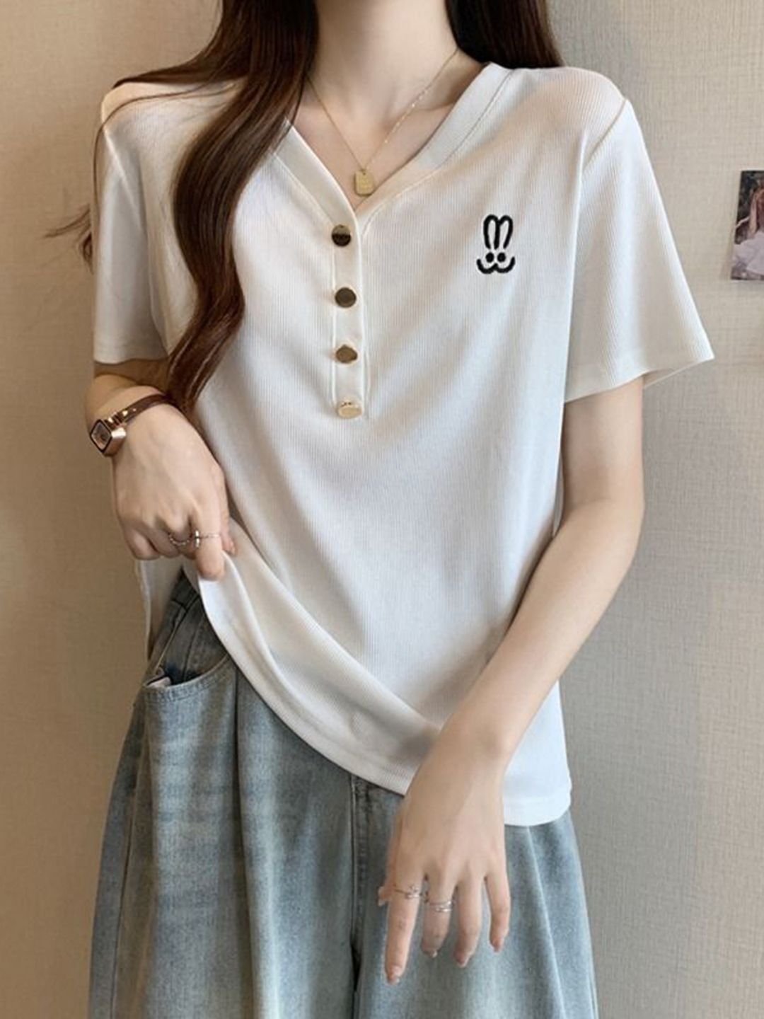 DressBerry Women Cotton V-Neck Regular Fit T-shirt