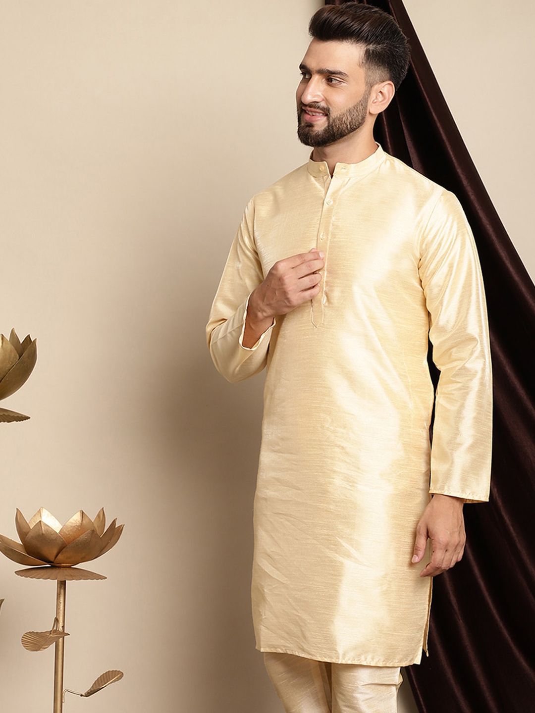 Anouk Band Collar Dupion Silk Straight Silk Cotton Kurta Biasa