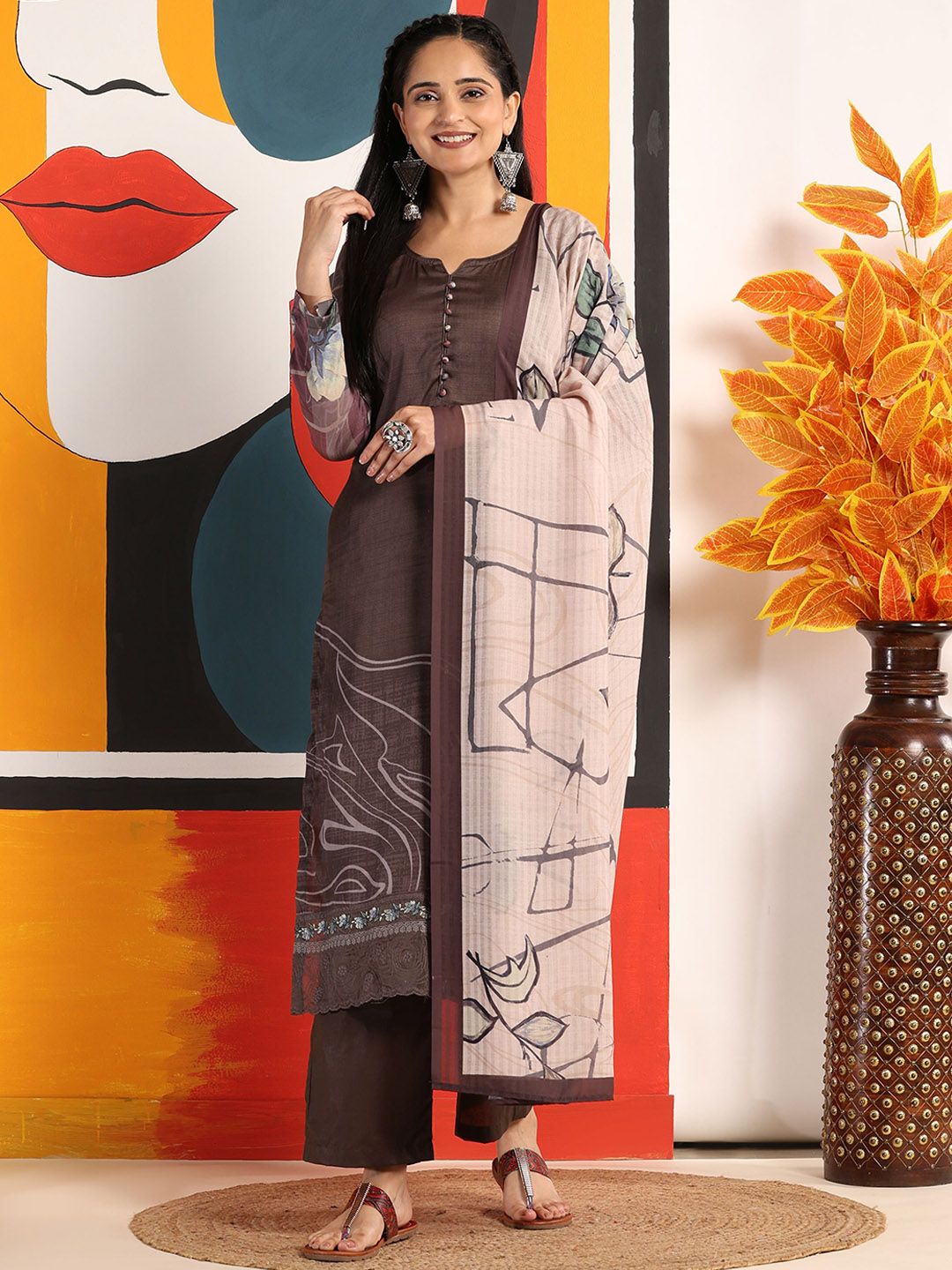 Mamicha Wanita Bercetak Kurta Kapas Tulen Biasa dengan Palazzos & Dengan Dupatta