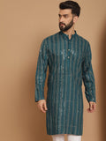 Anouk Teal Striped Band Collar Sequinned Detailed Cotton Straight Kurta