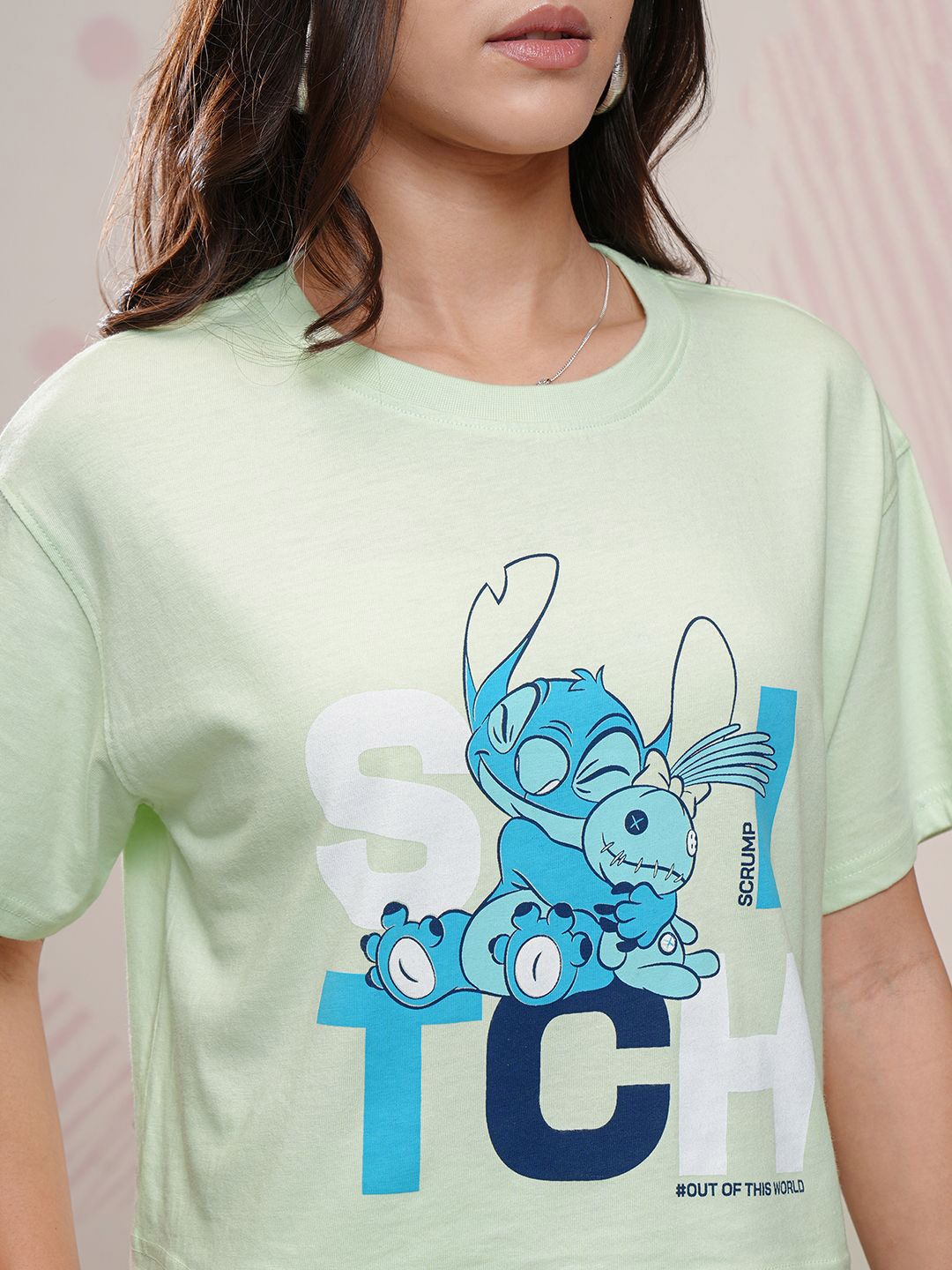Tokyo Talkies Disney Women Stitch Printed Pure Cotton Boxy Fit T Shirt With Pant Co Ords
