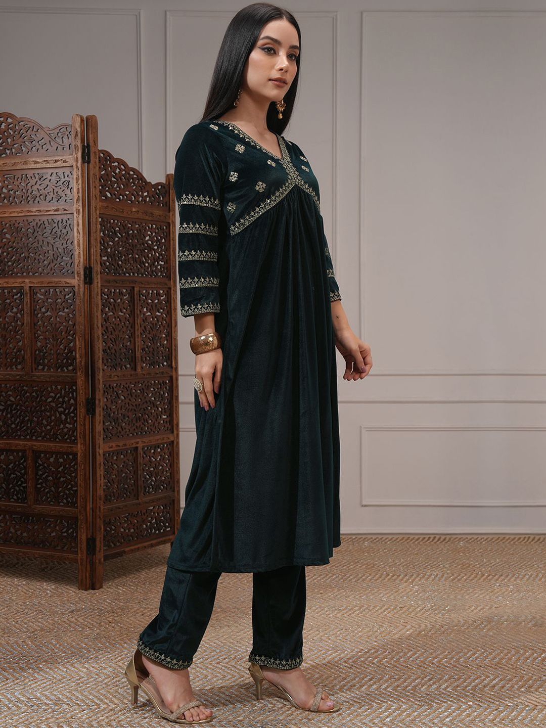 Vishudh Women Embroidered Velvet Gathe Kurta with Slim Palazzo & Dupatta