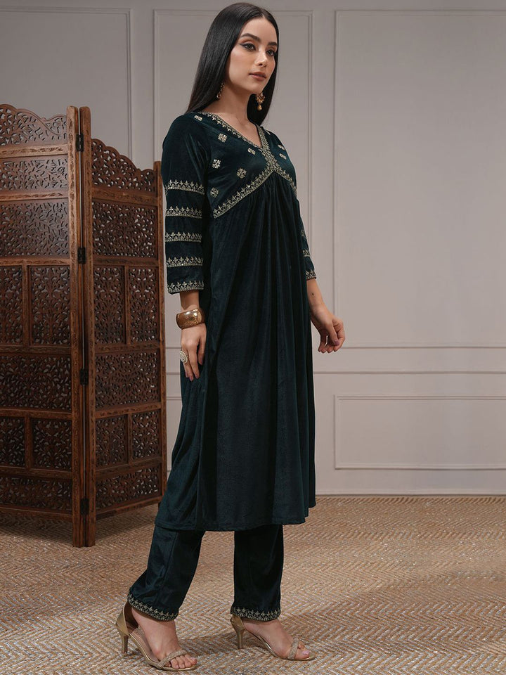 Vishudh Women Embroidered Velvet Gathe Kurta with Slim Palazzo & Dupatta