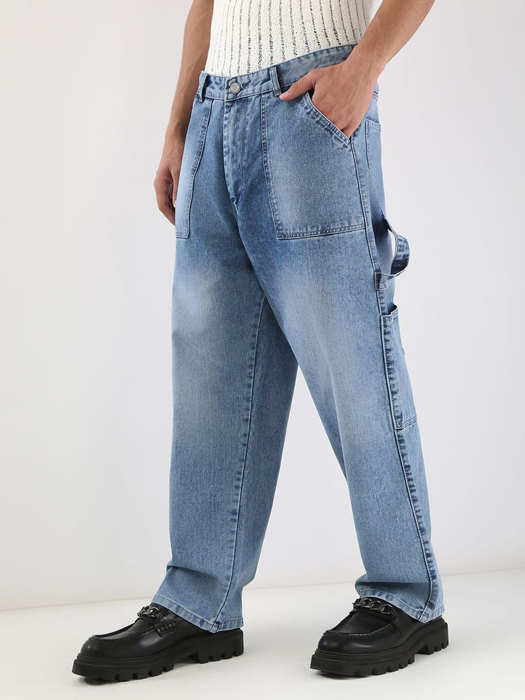 Urbano Fashion Men Light Blue Loose Baggy Fit Carpenter Cargo Jeans