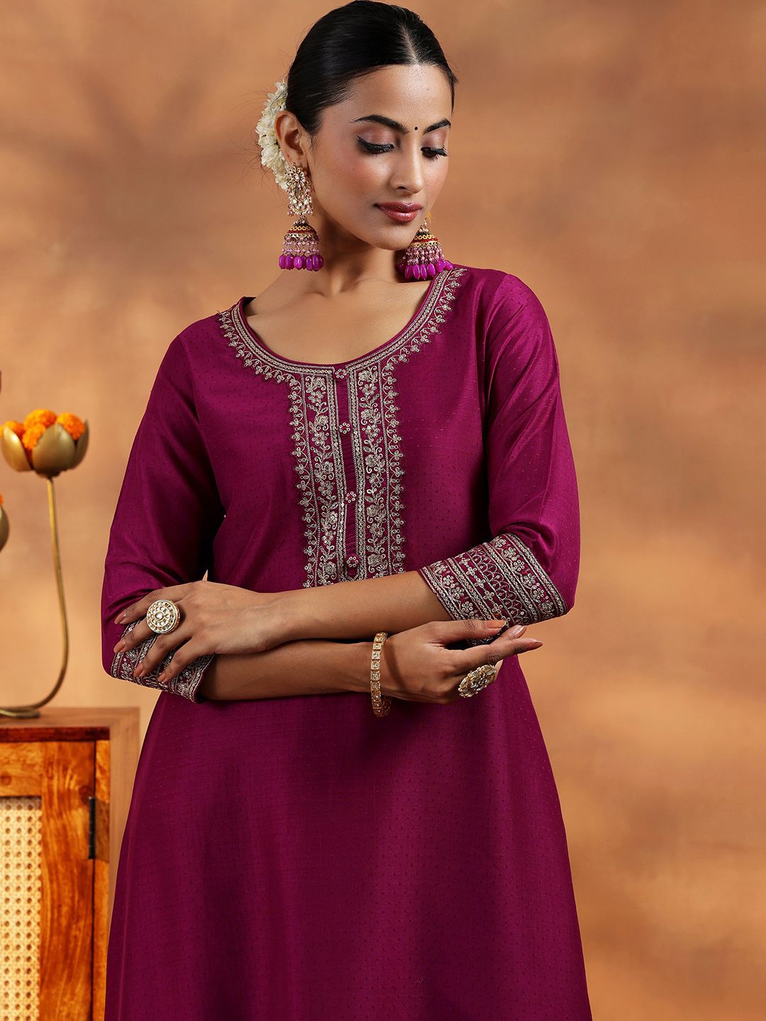Libas Floral Yoke Design Zari Regular A Line Kurta with Trousers & Dupatta